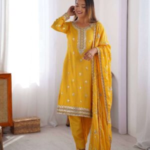 Women's Chinon Silk Embroidered Straight Kurti with Pant And Dupatta Set