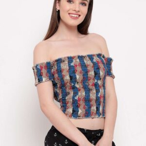 Women's Rayon Printed Off-Shoulder Smocked Crop Top Short Sleeve Casual Styles Tank Top (FREE SIZE) Multi38