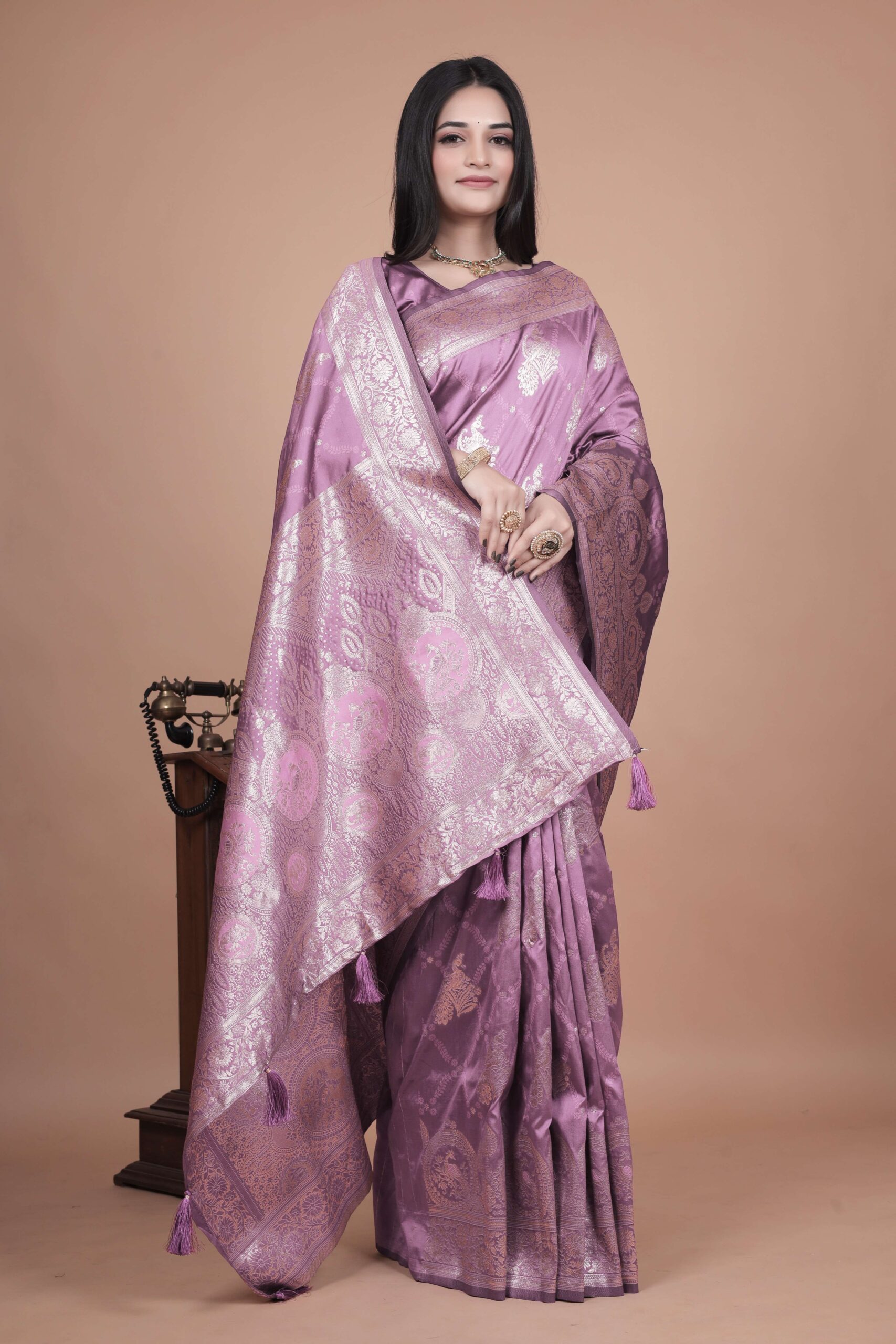 Lavender Banarasi Silk Saree with Silver Zari | Floral & Paisley Motifs | Wedding, Festive & Traditional Wear - Image 2