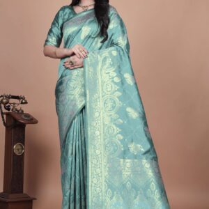Teal Banarasi Silk Saree with Golden Zari | Floral & Peacock Motifs | Wedding, Festive & Traditional Wear